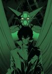  1boy closed_mouth drill getter_robo green_theme hair_between_eyes highres jacket male_focus mecha monochrome scratches shimoguchi_tomohiro upper_body 