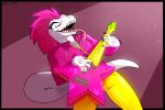 3:2 anonymous_artist anthro black_claws bottomwear claws clothing eyelashes female flat_chested grin guitar hair hi_res musical_instrument open_mouth pants pink_hair pink_jacket playing_guitar playing_music plucked_string_instrument pupils reptile rhizza_(la_ninya) rocking_out scalie sharp_teeth slit_pupils smile solo spotlight standing string_instrument teeth tongue tongue_out white_body yellow_bottomwear yellow_clothing yellow_pants zipper 