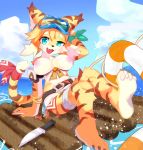  anthro arm_support breasts clothed clothing cute_fangs felid female fur hi_res knife looking_at_viewer mammal mia_(world_flipper) outside pantherine pose solo striped_body striped_fur striped_tail stripes tiger tongue world_flipper wuirnad 
