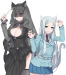  2girls aleister_crowley animal_ears anoshabu bangs belt black_dress black_legwear black_veil blue_jacket blue_skirt breasts cat_ears cat_tail cattail claw_pose cleavage commentary_request cowboy_shot dress fake_animal_ears fang green_eyes grin highres holding jacket large_breasts long_sleeves looking_at_viewer mina_mathers miniskirt mourning_dress multiple_girls necktie plant pleated_skirt red_neckwear short_hair silver_hair simple_background skirt smile swept_bangs tail thighhighs to_aru_majutsu_no_index to_aru_majutsu_no_index:_new_testament veil white_background 