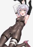  1girl :d absurdres animal_ears arm_belt armpits arms_up ass_visible_through_thighs bandaged_arm bandages bangs bare_shoulders black_gloves black_legwear blush bodysuit breasts bunny_ears bunny_pose cameltoe chest_belt covered_navel covered_nipples elbow_gloves eyebrows_visible_through_hair facial_scar fantia_reward fate/apocrypha fate_(series) fingerless_gloves gloves green_eyes high_heels highres jack_the_ripper_(fate/apocrypha) kneeling looking_at_viewer open_mouth orochi_itto paid_reward pantyhose purple_footwear ribs scar scar_across_eye scar_on_cheek short_hair simple_background single_elbow_glove single_glove skin_tight small_breasts smile solo thigh_strap thighs tight upper_teeth white_hair 