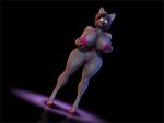  4:3 anthro big_breasts bikini black_background black_hair breasts canid canine canis clothed clothing colored_nails dracojeff eyebrows female footwear fur grey_body grey_fur hair high_heels huge_breasts mammal nails phyco raised_eyebrow shoes simple_background skimpy smile smirk solo spotlight swimwear thick_thighs wide_hips wolf 