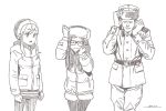  1boy 2girls brown_theme character_request closed_eyes closed_mouth coat dated eyebrows_visible_through_hair fur-trimmed_shorts fur_hat fur_trim glasses hat horikou inuyama_aoi long_sleeves military military_jacket military_uniform monochrome multiple_girls oogaki_chiaki pants pantyhose parted_lips real_life shorts sidelocks signature simple_background soldier soviet soviet_army soviet_union uniform ushanka white_background yurucamp 