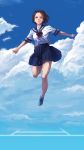  1girl absurdres aqua_footwear black_hair blue_sky bob_cut bow bowtie brown_eyes cloud full_body highres jumping leg_up looking_at_viewer navy_blue_sailor_collar navy_blue_skirt original otsu_natsu outstretched_arms parted_lips pleated_skirt red_bow red_neckwear running school_uniform serafuku shirt shoes short_hair skirt sky sneakers solo white_shirt 