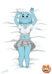  anthro bed blue_body blue_fur breasts cartoon_network clothed clothing dakimakura_design domestic_cat felid feline felis female foxart950 fur furniture hi_res looking_at_viewer lying_on_bed mammal mature_female narrowed_eyes nicole_watterson nipple_outline simple_background solo teeth the_amazing_world_of_gumball white_background 