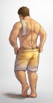  1boy ass bara bare_shoulders barry_go body_hair brown_hair from_behind full_body fundoshi hand_under_clothes hand_under_shorts highres japanese_clothes kengo_(tokyo_houkago_summoners) leg_hair looking_down male_focus muscle partially_undressed shadow shirtless shorts simple_background solo tokyo_houkago_summoners towel undressing 