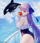 1girl absurdres animal apple ass back bangs bare_shoulders biting blue_eyes blue_ribbon choker cloud commentary day eating eyebrows_visible_through_hair fate/grand_order fate_(series) food frills fruit glass hair_ribbon highleg highleg_swimsuit highres huge_filesize long_hair long_sleeves looking_at_viewer meltryllis meltryllis_(swimsuit_lancer)_(fate) ocean off-shoulder_swimsuit one-piece_swimsuit orca outdoors puffy_sleeves purple_hair railing rainbow ribbon seoyul sky sleeves_past_fingers sleeves_past_wrists splashing swimsuit thighs twitter_username very_long_hair water 