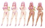  5girls absurdres alternate_breast_size areolae bangs bikini bikini_tan breast_lift breasts choker collarbone commission contrapposto costume_chart dark_skin frilled_bikini frills full_body gradient guilty_crown hair_between_eyes hair_ornament hair_over_shoulder hairclip hand_on_own_thigh high_heels highres jacket kaiend large_breasts long_hair looking_at_viewer low_twintails micro_bikini multiple_girls navel o-ring o-ring_bikini o-ring_top off_shoulder pale_skin pink_bikini pink_choker pink_footwear pink_hair platform_footwear purple_bikini red_bikini red_eyes sandals slingshot_swimsuit standing swimsuit tan tanline thigh_strap twintails yellow_jacket yuzuriha_inori 