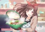  :d apron food idolmaster idolmaster_shiny_colors lid meat mushroom open_mouth oven_mitts pot smile sparkle steam stew tomato_(madanai_the_cat) tsukioka_kogane upper_body 