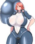  1girl absurdres artist_request ass blush bodysuit breasts closed_mouth fortune_(last_origin) hand_on_hip highres huge_breasts last_origin looking_at_viewer red_eyes red_hair shiny shiny_clothes shiny_hair shirt short_hair smile thick_thighs thighs tight 