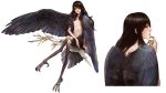  1boy androgynous bird_legs bird_tail bird_wings black_hair brown_eyes crossed_legs feathered_wings feathers full_body heterochromia long_hair male_focus monster_boy multiple_views nipples nishihara_isao nude pixiv_fantasia smile wings yellow_eyes 