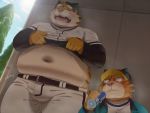  2020 4:3 anthro belly blood bodily_fluids bottomwear bulge clothed clothing detailed_background duo eyes_closed felid hat headgear headwear kemono male mammal navel nikiciy nosebleed open_shirt outside overweight overweight_male pantherine pants shirt sweat tiger topwear 
