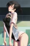  1girl amagami bangs beige_sweater_vest black_bow black_hair black_neckwear black_ribbon blush bonnie_(rsg) bottomless bow bowtie breasts cleavage clothes_lift commentary competition_swimsuit covered_nipples cowboy_shot dress_shirt groin half-closed_eyes leaning_forward looking_at_viewer medium_breasts medium_hair one-piece_swimsuit open_clothes open_shirt parted_lips ponytail poolside railing raised_eyebrows ribbon see-through shirt solo sweater sweater_lift sweater_vest swept_bangs swimsuit swimsuit_under_clothes tsukahara_hibiki unbuttoned wet wet_clothes 