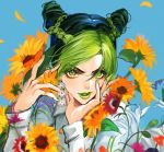  1girl black_hair braid dekooop double_bun earrings flower green_eyes green_hair green_lipstick green_nails highres jewelry jojo_no_kimyou_na_bouken kuujou_jolyne lipstick makeup multicolored_hair seashell_earrings stone_ocean two-tone_hair 