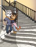  absurd_res anthro brown_eyes colored_fur duo felid feline female fur hi_res hug leopardus male male/female mammal namiviart ocelot pantherine smile snow_leopard spots spotted_body spotted_fur stairs 