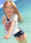  1girl bangs beach blonde_hair blue_eyes blush cloud collarbone flat_chest freckles highres long_hair looking_at_viewer mu-pyon ocean old_school_swimsuit original outdoors parted_bangs partially_submerged school_swimsuit shirt shirt_tug sky smile solo swimsuit tan tanline translucent_shirt twitter_username upper_teeth water wet wet_clothes wet_shirt white_shirt 