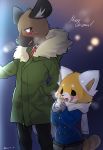  1boy 1girl :d aggressive_retsuko animal_nose black_eyes black_fur black_skirt blush breasts brown_eyes brown_fur commentary_request fur-trimmed_jacket fur_trim furry haida height_difference highres hyena hyena_ears jacket looking_to_the_side medium_breasts merry_christmas open_mouth orange_fur red_panda red_panda_ears red_panda_girl red_panda_tail retsuko scarf simple_background skirt smile snout standing suurin_(ksyaro) sweatdrop twitter_username white_fur 