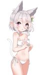  1girl :o animal_ears bangs bare_arms bare_shoulders blush bra breasts cat_cutout cat_ear_panties cat_ears cat_girl cat_lingerie cat_tail choker cleavage cleavage_cutout collarbone eyebrows_visible_through_hair eyes_visible_through_hair flower frilled_bra frills groin hair_between_eyes hair_flower hair_ornament highres kemonomimi_mode kokkoro_(princess_connect!) meme_attire navel panties parted_lips pink_flower pointy_ears princess_connect! princess_connect!_re:dive purple_eyes side-tie_panties sidelocks silver_hair simple_background small_breasts solo tail tail_raised underwear underwear_only upper_teeth w.k white_background white_bra white_choker white_panties 