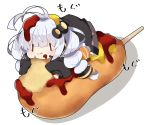  1girl :t antenna_hair black_footwear black_jacket blush chibi closed_mouth commentary_request corndog eating food food_on_face food_on_hair food_on_head full_body hair_ornament headphones headset jacket ketchup kizuna_akari long_sleeves milkpanda minigirl mustard object_on_head orange_legwear puffy_long_sleeves puffy_sleeves shadow shoes sleeves_past_wrists solo star_(symbol) striped striped_legwear tongue tongue_out translation_request vertical-striped_legwear vertical_stripes voiceroid wavy_mouth white_background 
