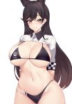  1girl alternate_costume animal_ears arms_behind_back atago_(azur_lane) atago_(stunning_speedster)_(azur_lane) azur_lane bangs bikini black_bikini black_hair blush breasts closed_mouth copyright_name cowboy_shot eyebrows_visible_through_hair groin highleg highleg_bikini kuavera logo long_hair looking_at_viewer mole mole_under_eye navel race_queen short_sleeves shrug_(clothing) simple_background skindentation smile solo standing string_bikini swept_bangs swimsuit thick_thighs thighs underboob white_background wide_hips wolf_ears yellow_eyes 