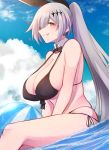  10eki_(tenchou) 1girl absurdres ball bangs bare_shoulders beachball bikini black_bikini black_bow blue_sky bow breasts cleavage cloud detached_collar eyebrows_visible_through_hair five-seven_(girls_frontline) girls_frontline hair_between_eyes heart high_ponytail highres large_breasts licking_lips long_hair long_ponytail partially_submerged side-tie_bikini sideboob sidelocks silver_hair sky swimsuit tongue tongue_out very_long_hair water wet yellow_eyes 