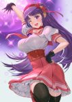  1girl asamiya_athena breasts dress fingerless_gloves frilled_dress frills gloves hair_ribbon highres looking_at_viewer medium_breasts mhk_(mechamania) one_eye_closed purple_hair ribbon smile the_king_of_fighters thighhighs zettai_ryouiki 