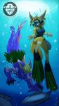  2020 4_claws 5_fingers 9:16 air_bubble anthro breasts claws clothed clothing diving duo_focus ear_tuft female finger_claws fingers fish fur fur_tuft group hair hi_res mammal manokit marine plant_skirt rebreather swimming teeth thearashi tuft underwater water 
