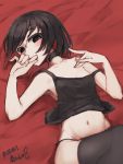  1girl armpits bangs bed_sheet bikini black_eyes black_hair black_legwear blush bob_cut breasts collarbone colored_inner_hair commentary dated empty_eyes groin hand_on_own_chest hand_on_own_head hand_to_own_mouth highres knee_up looking_at_viewer lying midriff monogatari_(series) multicolored_hair navel no_bra no_gloves on_back on_bed oshino_ougi panties raised_eyebrows red_hair short_hair side-tie_bikini small_breasts solo strap_slip swimsuit tank_top thighhighs thomas_(aoakumasan) translated underwear 