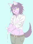  2019 3:4 anthro belt black_nose canid clothing dress_shirt fingers fluffy fluffy_tail fur girly hair hi_res male mammal navel open_mouth open_smile portrait purple_body purple_fur purple_hair shirt simple_background smile solo solt three-quarter_portrait topwear wet wet_clothing yellow_eyes 