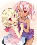  2girls blonde_hair blush chloe_von_einzbern closed_mouth dark_skin dress fate/kaleid_liner_prisma_illya fate_(series) holding_hands illyasviel_von_einzbern multiple_girls open_mouth pink_hair red_eyes sazaki_ichiri short_twintails simple_background sketch twintails yellow_eyes 