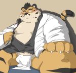  2020 anthro asian_clothing belly blush clothed clothing cute_fangs doctor east_asian_clothing eyewear felid fundoshi glasses hi_res hon55728 humanoid_hands japanese_clothing kemono male mammal moobs nipples open_shirt overweight overweight_male pantherine shirt sitting solo tiger topwear underwear 