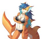  alpha_channel anthro black_bikini blue_hair breasts colored_nails female fin fish furrholic gills hair hi_res holding_arm jyxa looking_at_viewer marine nails non-mammal_breasts orange_body orange_eyes requiem_shark shark smile smiling_at_viewer solo thick_tail tiger_shark white_body white_nails 