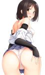 1girl a9b_(louis814) absurdres ass bangs bent_over black_gloves black_hair blue_skirt blush bob_cut breasts brown_eyes brown_hair commentary cowboy_shot crotch_seam elbow_pads from_behind gloves hakama_skirt hand_on_own_ass highres kuroda_kunika light_frown looking_at_viewer looking_back medium_breasts miniskirt noble_witches open_mouth panties pleated_skirt sarashi shirt shirt_pull short_hair simple_background skindentation skirt solo standing swept_bangs underwear white_background white_panties white_shirt world_witches_series 