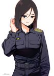  1girl belt black_jacket black_pants blue_eyes brown_hair character_request cowboy_shot dated eyes_visible_through_hair girls_und_panzer hand_up horikou jacket long_sleeves looking_at_viewer military_jacket pants signature simple_background smile solo white_background 