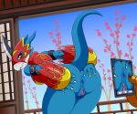  2020 ambiguous_gender anthro anus armor blue_body blush bottomless breasts butt camera_phone clothed clothing digimon digimon_(species) duo female female_focus flamedramon genitals lonbluewolf looking_back phone pussy red_eyes solo_focus 