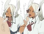  1boy 1girl :&gt;= animal_ear_fluff animal_ears bar_censor boku_no_hero_academia bow bowtie breasts bunny_ears censored dark_skin ettone fellatio gloves grey_hair hetero long_hair mirko open_mouth oral penis pleated_skirt red_eyes school_uniform simple_background skirt sweat teeth tongue tongue_out translation_request white_background white_gloves 