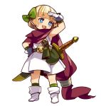  1girl bangs blonde_hair blue_eyes blunt_bangs blush boots bow bright_pupils commentary_request dragon_quest dragon_quest_v dress full_body gloves green_bow green_legwear hair_bow hand_on_hip hand_up hero&#039;s_daughter_(dq5) mota open_mouth pouch red_scarf scarf shading_eyes short_hair simple_background sleeveless sleeveless_dress smile socks solo sword weapon white_background white_dress white_footwear white_gloves white_pupils 