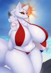  2020 5_fingers absurd_res amaterasu anthro asaneman beach big_breasts breasts camel_toe canid canine canis capcom chest_tuft clothing curvy_figure deity digital_media_(artwork) female fingers hand_on_breast hi_res huge_breasts looking_at_viewer mammal navel outside seaside shoulder_tuft smile solo story story_in_description swimwear thick_thighs tuft video_games voluptuous wide_hips wolf ōkami 