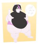  anthro belly belly_overhang big_belly big_breasts black_hair bottomwear breasts catti_(deltarune) clothed clothing deltarune dialogue domestic_cat ear_piercing ear_ring english_text eyeliner felid feline felis female frown fur hair hand_on_stomach hi_res highlights_(coloring) huge_hips huge_thighs huwon looking_at_self looking_down makeup mammal navel_outline obese obese_female overweight overweight_female piercing pink_highlights shirt short_hair shorts simple_background solo speech_bubble squish standing text thick_thighs thigh_squish tight_clothing tight_shirt tight_topwear topwear video_games weight_gain whiskers white_body white_fur wide_hips yellow_eyes 
