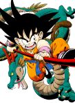  1boy absurdres animal black_eyes black_footwear black_hair collarbone commentary dougi dragon dragon_ball dragon_ball_(classic) fighting_stance fingernails frown full_body highres holding holding_weapon horns jumping kicking looking_afar male_focus monkey_tail nyoibo official_art open_mouth shaded_face sharp_teeth shenlong_(dragon_ball) shoe_soles son_gokuu spiked_hair tail teeth tongue toriyama_akira v-shaped_eyebrows weapon whiskers wristband 