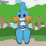  1:1 3_fingers 3_toes amphibian anthro big_butt blue_body blue_skin breasts butt clothing cloud curvy_figure digital_media_(artwork) female fin fingers genitals grass hi_res huge_butt kouh legwear looking_at_viewer marine mudkip nintendo nude pok&eacute;mon pok&eacute;mon_(species) pussy simple_background sky solo thick_thighs thigh_highs toes tree video_games wide_hips 