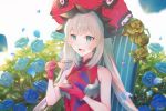  1girl :d bangs blue_eyes blue_flower blue_rose blurry_foreground collarbone cup eyebrows_visible_through_hair fate/grand_order fate_(series) floating_hair flower gloves hat holding holding_cup holding_plate long_hair marie_antoinette_(fate/grand_order) open_mouth pabo petals plate red_gloves red_headwear rose silver_hair sitting sleeveless smile solo teacup upper_body very_long_hair 
