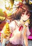  1girl absurdres animal_ears belt black_hair cat_ears cat_girl cat_tail eyebrows_visible_through_hair food hair_ribbon highres holding holding_food ice_cream ice_cream_cone original red_eyes ribbon shirt slit_pupils solo sxbzero tail wing_collar 