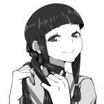  1girl absurdres bangs blunt_bangs braiding_hair bright_pupils closed_mouth eyebrows_visible_through_hair greyscale hairdressing hands_up highres kantai_collection kitakami_(kantai_collection) long_hair looking_at_viewer monochrome school_uniform serafuku simple_background smile solo tocky white_background white_pupils 