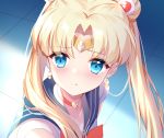  1girl akuma_(ogino-m) bangs bishoujo_senshi_sailor_moon blonde_hair blue_eyes blue_sailor_collar blush bow bowtie choker circlet collarbone collared_shirt crescent crescent_earrings double_bun earrings eyebrows_visible_through_hair floating_hair hair_between_eyes hair_intakes hair_over_shoulder heart heart_choker jewelry long_hair parted_lips red_bow red_choker red_neckwear sailor_collar sailor_moon sailor_moon_redraw_challenge sailor_senshi_uniform sailor_shirt shirt sleeveless sleeveless_shirt solo twintails upper_body very_long_hair white_shirt 