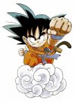  1boy alternate_color arm_at_side armpit_peek black_eyes black_hair clenched_hands closed_mouth clothes_writing collarbone commentary dougi dragon_ball dragon_ball_(classic) fingernails flying_nimbus frown full_body highres looking_afar male_focus monkey_tail official_art outstretched_hand perspective serious shaded_face simple_background son_gokuu spiked_hair standing tail toriyama_akira v-shaped_eyebrows white_background wristband 