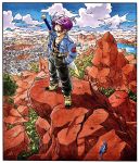  1boy animal belt black_pants black_shirt blue_eyes blue_sky boots border building bush capsule_corp city cityscape cloud cloudy_sky collarbone collared_jacket commentary crater day denim denim_jacket dragon_ball dragon_ball_z floating_hair frown hands_in_pockets highres horizon jacket lake lizard looking_down male_focus mountain mountainous_horizon official_art open_clothes open_jacket outdoors pants purple_hair rock serious shaded_face shadow shirt sky standing sword toriyama_akira tree trunks_(future)_(dragon_ball) water weapon white_border wide_shot yellow_footwear 