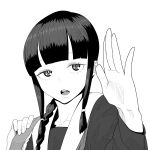  1girl absurdres bangs blunt_bangs braid fingernails greyscale hand_up highres kantai_collection kitakami_(kantai_collection) long_sleeves looking_at_viewer monochrome open_mouth ringed_eyes school_uniform serafuku simple_background solo tocky upper_body waving white_background 