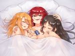  3girls after_sex blanket blonde_hair breasts brown_eyes brown_hair candy cigarette_candy closed_eyes food gojarun hand_on_another&#039;s_head hand_on_another&#039;s_shoulder highres idolmaster idolmaster_cinderella_girls long_hair medium_breasts multiple_girls murakami_tomoe open_mouth orion_cocoa_cigarettes red_hair sleeping smile tachibana_arisu topless twitter_username upper_body yuuki_haru 