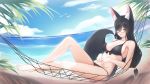  animal_ears barefoot beach benedia bikini black_hair blush clouds foxgirl glasses long_hair original swimsuit tail yellow_eyes 